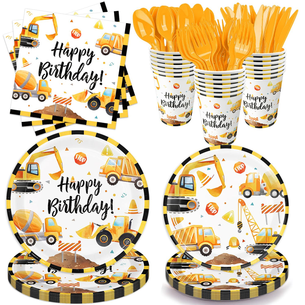 Oigco construction 9-inch plates with bold patterns for kid-friendly party meals.