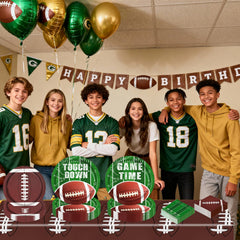 Oigco football party layout closeup highlighting sturdy materials and bold prints.