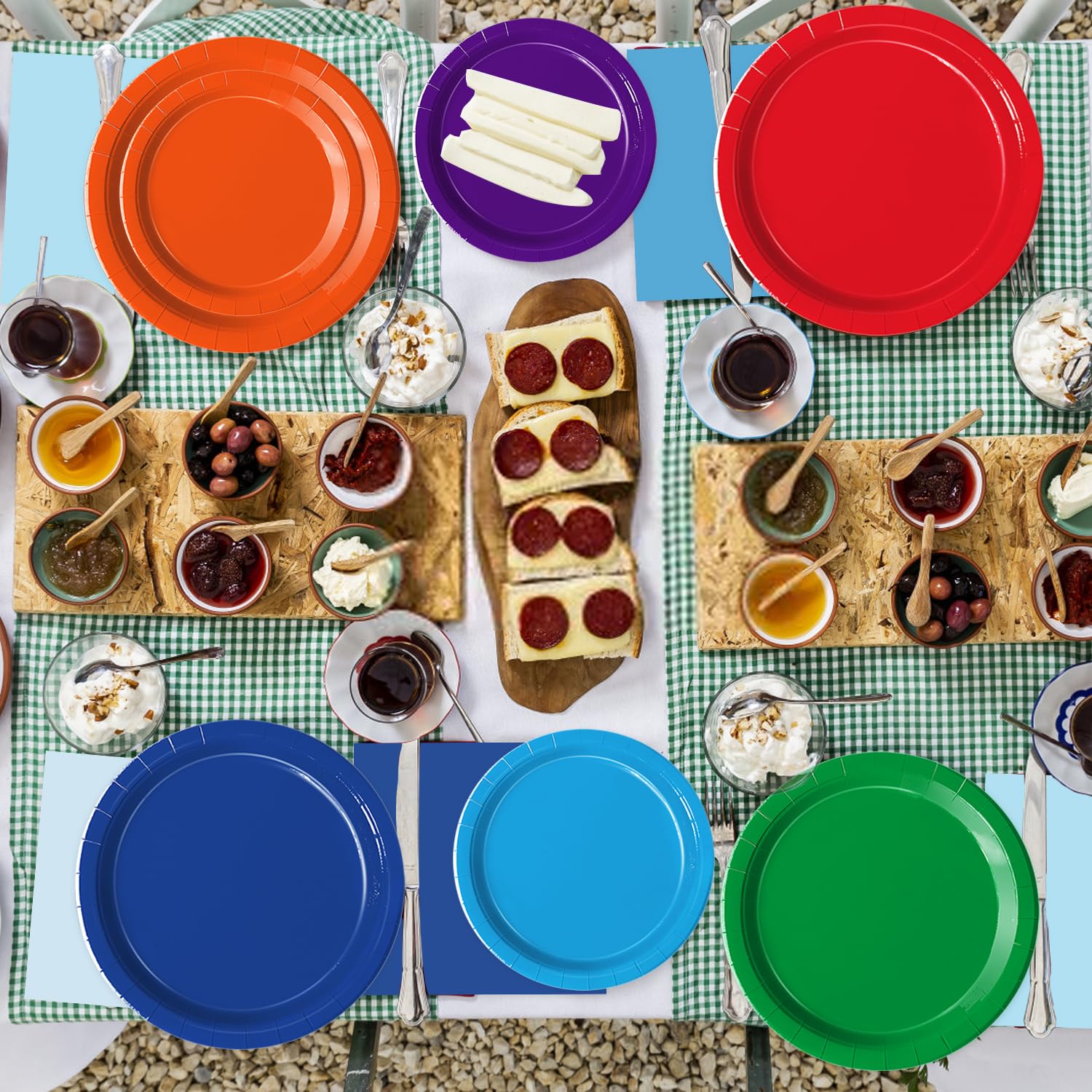 Oigco rainbow tableware dining scene with ten color options for parties.