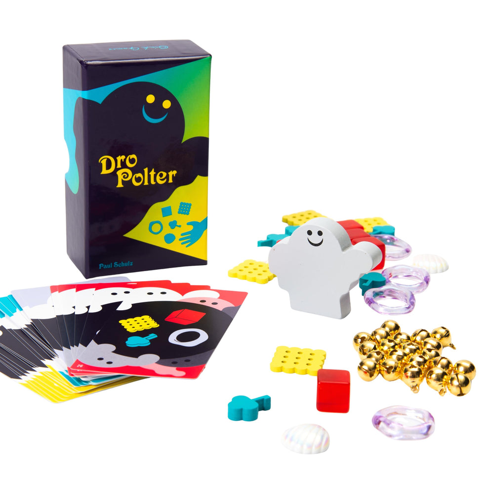 Oink Games DroPolter box front showing compact travel design for quick setup.