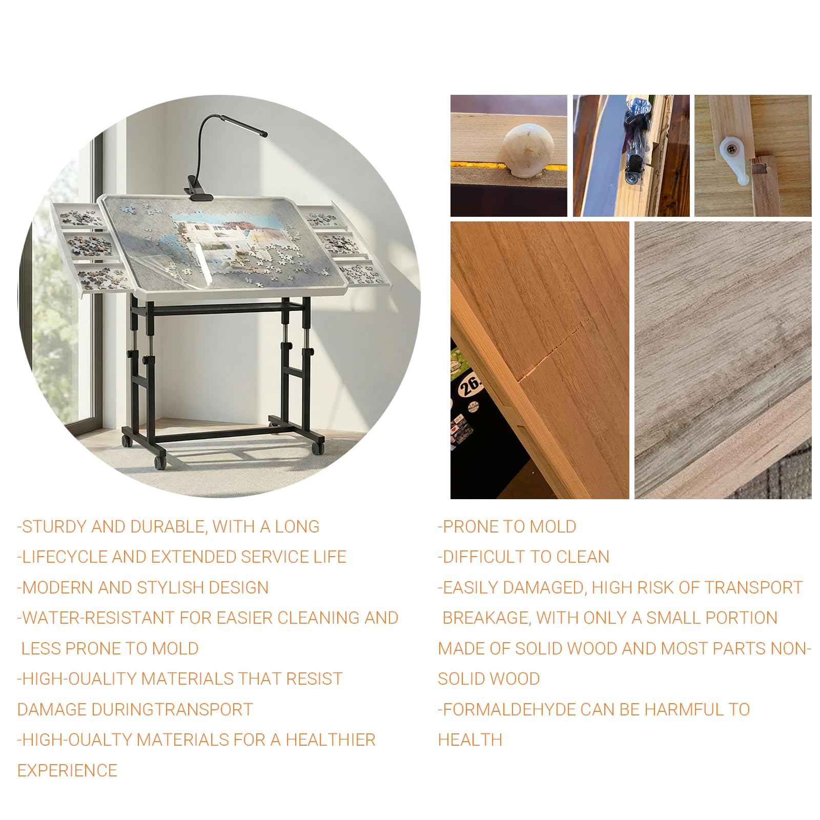 OIRBOEUS puzzle table moves easily on floors with locking wheels for safety.