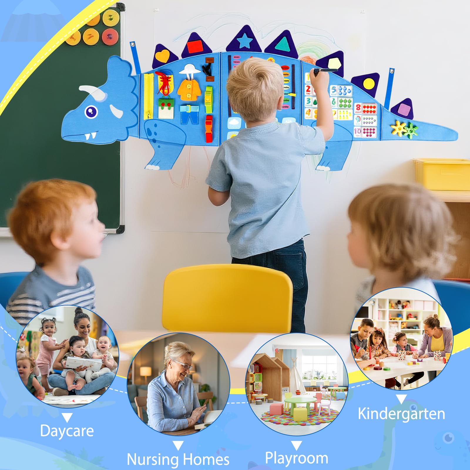 Oirtmiu Dinosaur colors and shapes tactile panel promotes problem-solving skills.