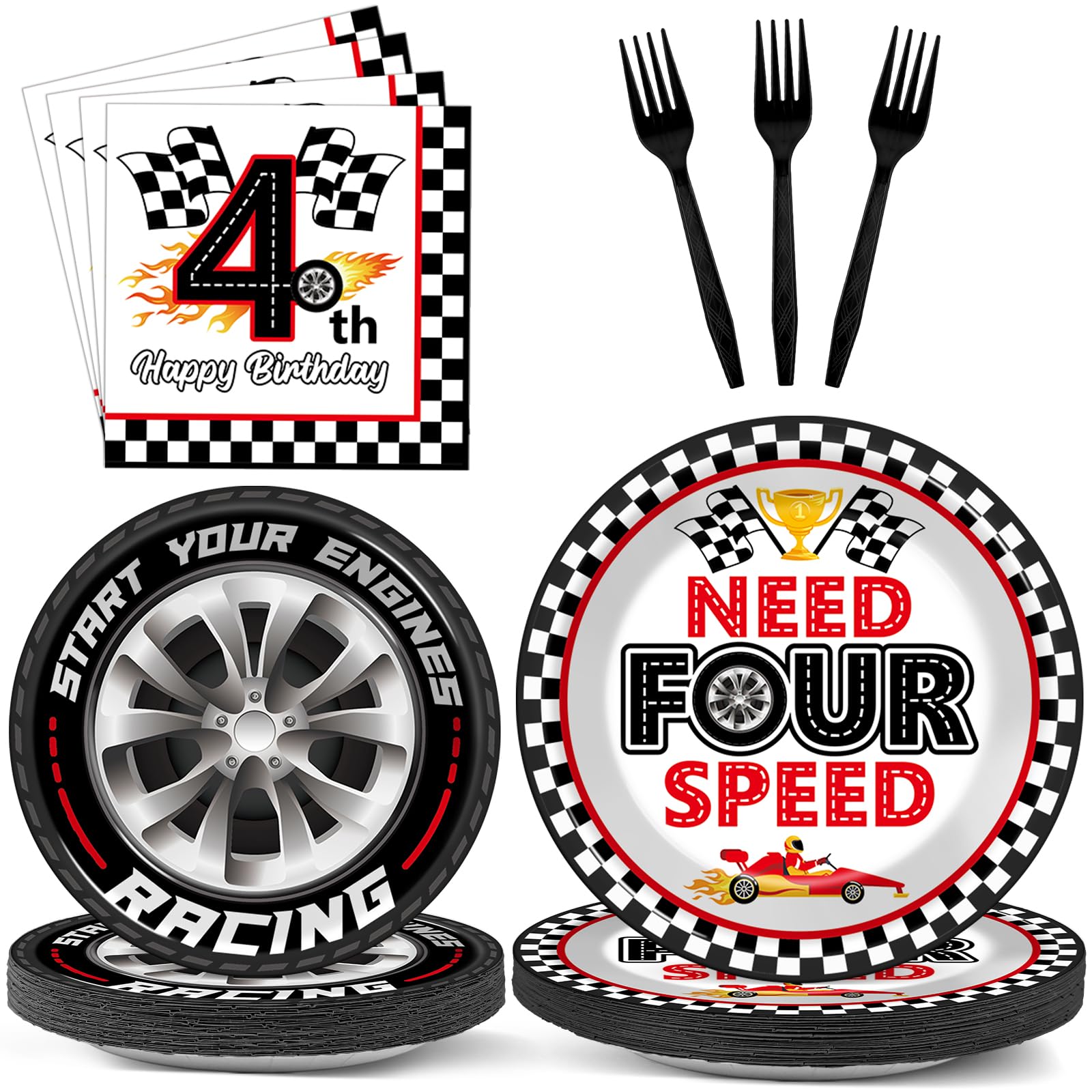 Oitnlaughter 96pcs racing car party plates on a colorful table for a kid's birthday