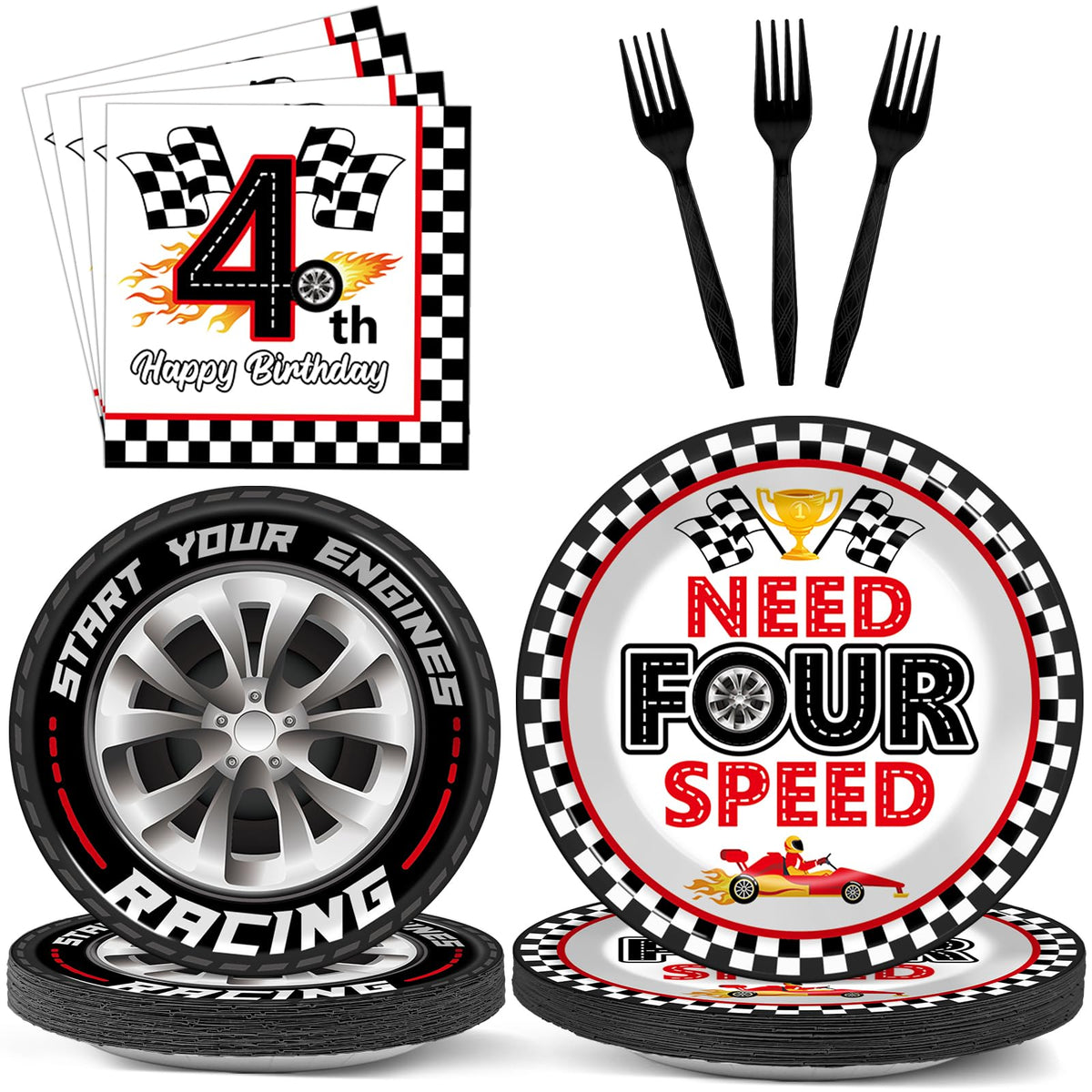 Oitnlaughter 96pcs racing car party plates on a colorful table for a kid's birthday