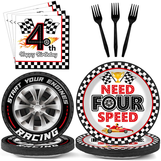 Oitnlaughter 96pcs racing car party plates on a colorful table for a kid's birthday