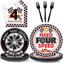 Oitnlaughter 96pcs racing car party plates on a colorful table for a kid's birthday