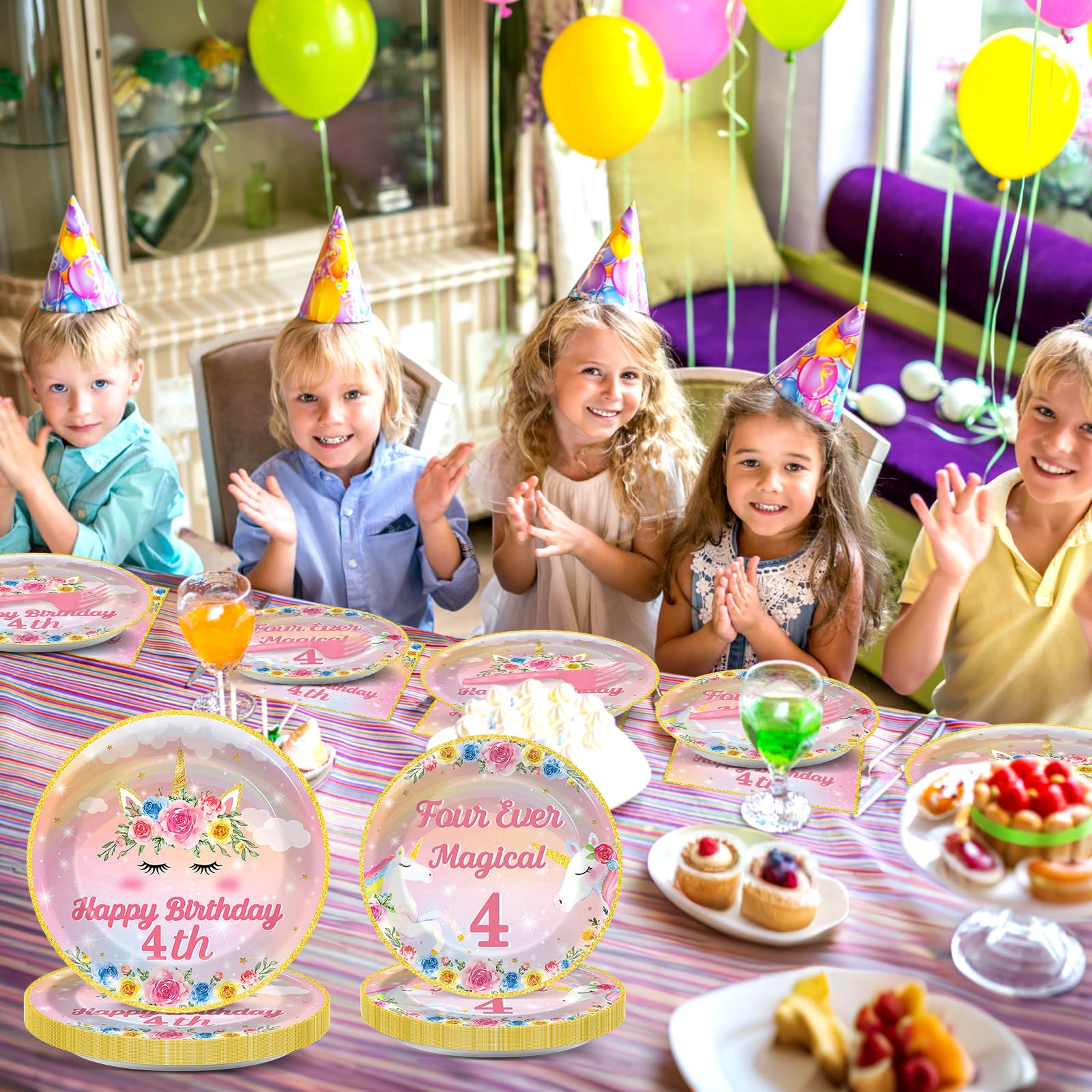 Oitnlaughter full party table setup ready for a cheerful unicorn themed party