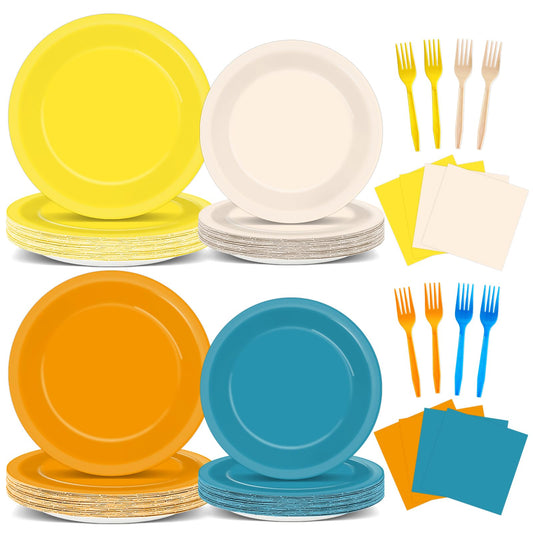 Oitnlaughter Here Comes The Sun plates 9-inch in retro blue orange mustard for festive dining