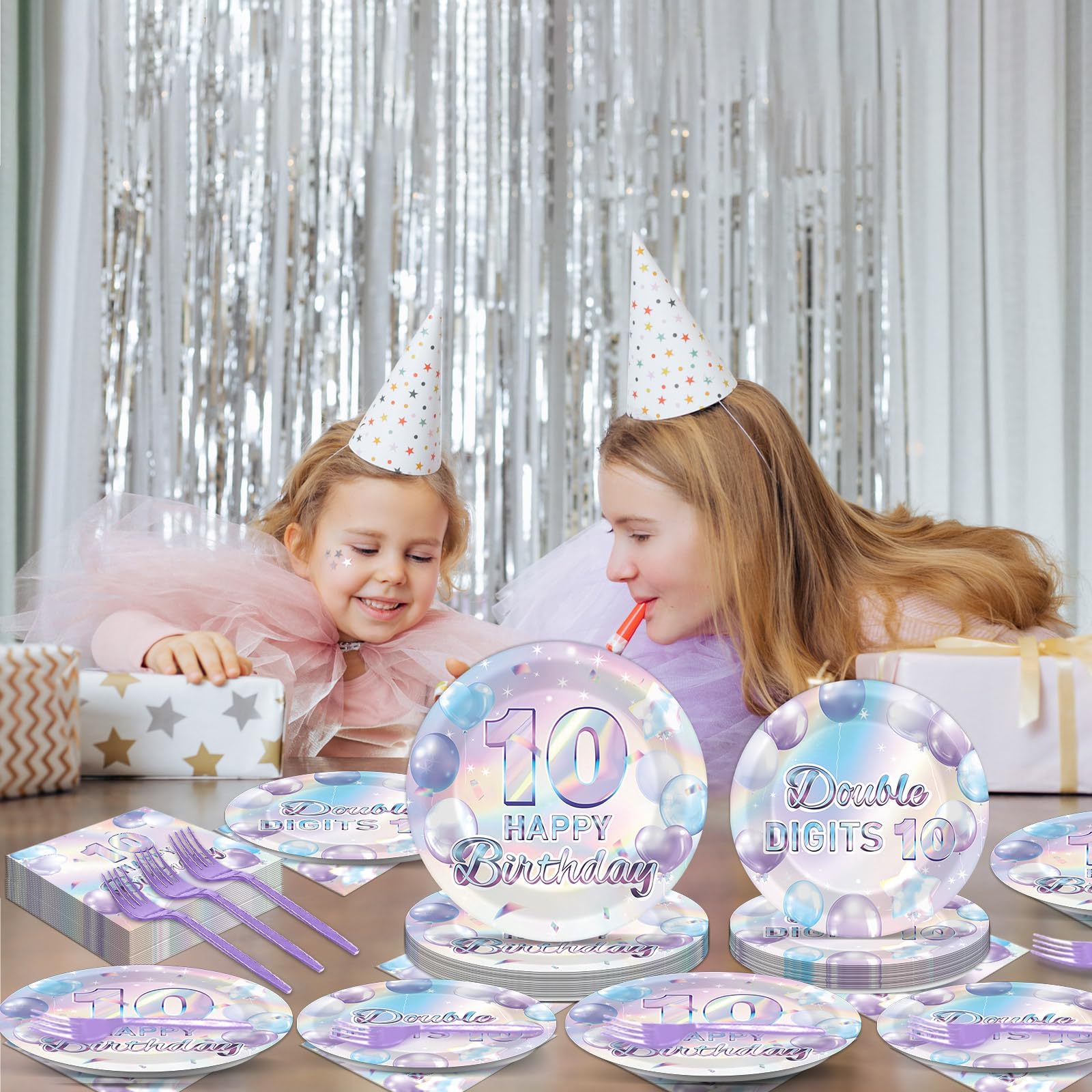 Oitnlaughter iridescent party ambiance elevates decorations for a joyful 10-year-old celebration.