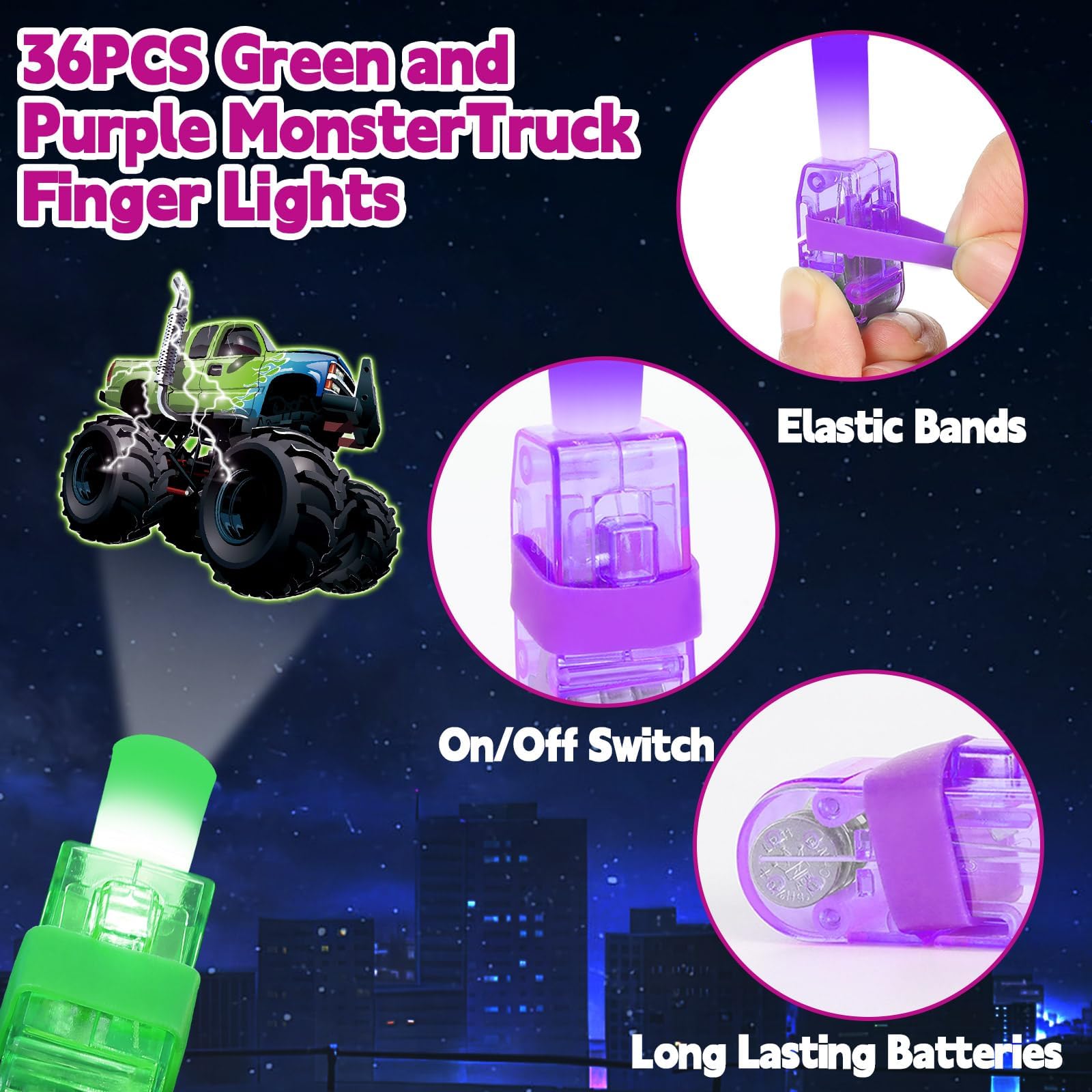 Oitnlaughter Monster Truck LED finger light green design, comfy fit for play.