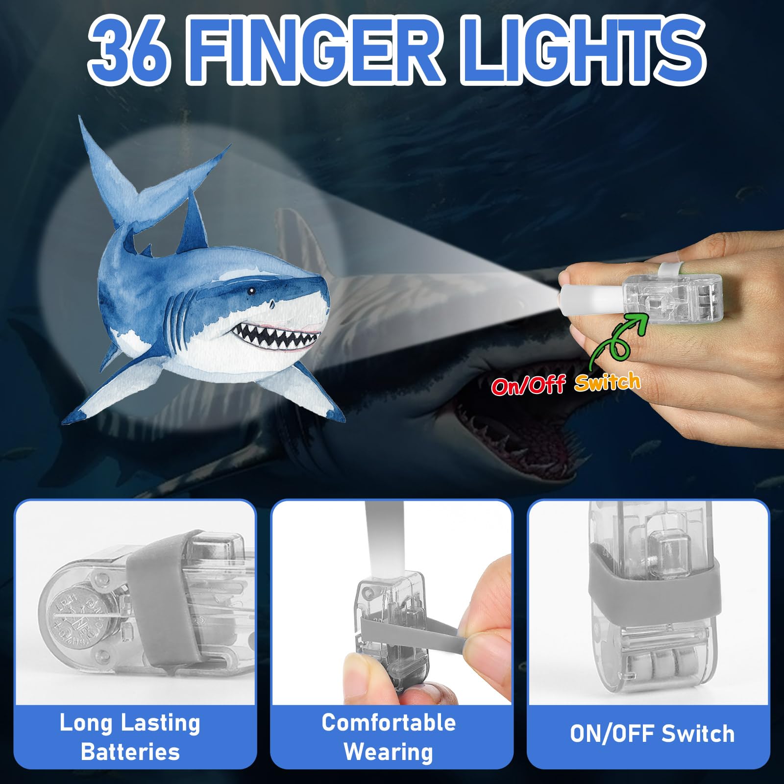 Oitnlaughter shark-pattern finger light with retractable band for easy wear