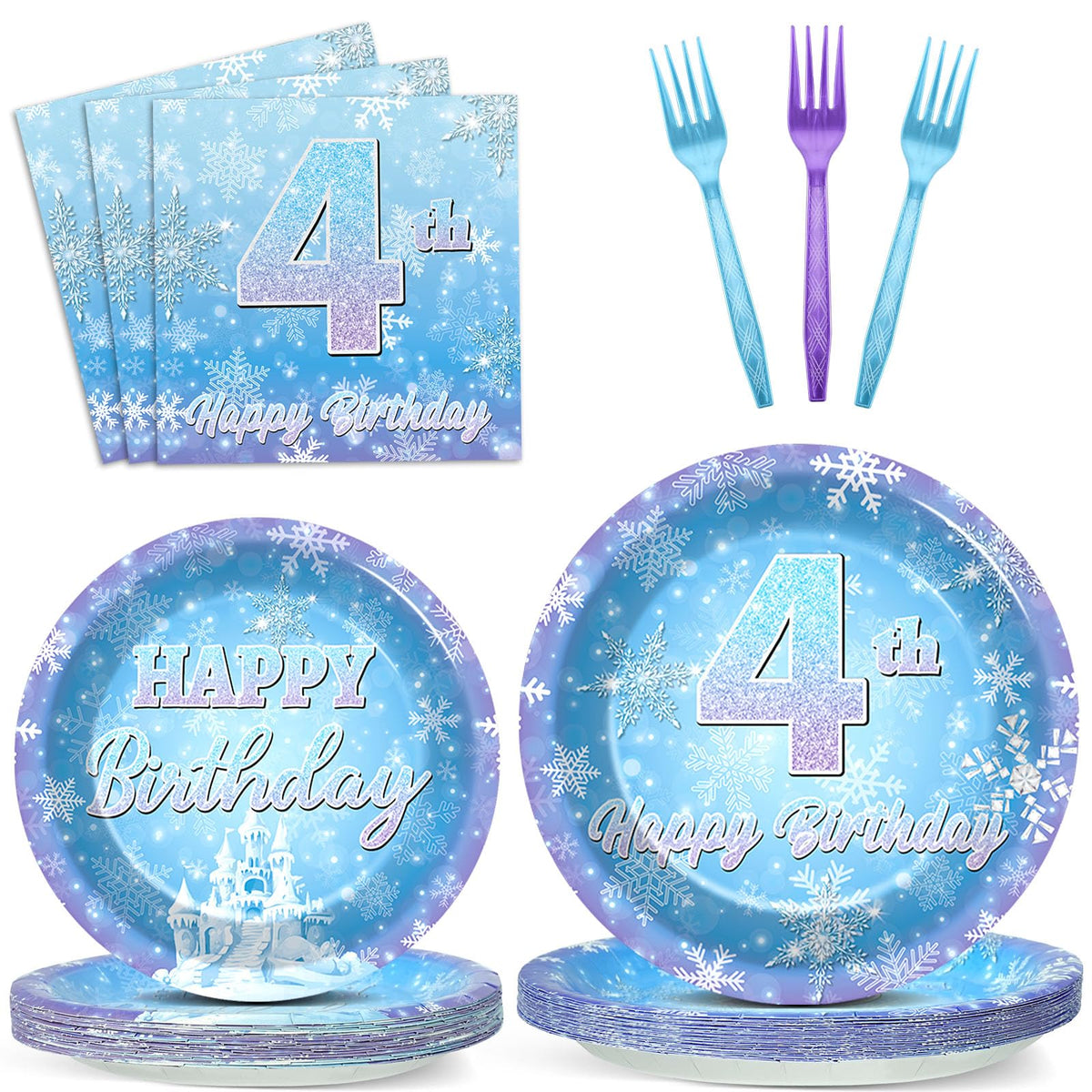 Oitnlaughter snowflake plates 9 inch blue and purple for a festive 4th birthday party