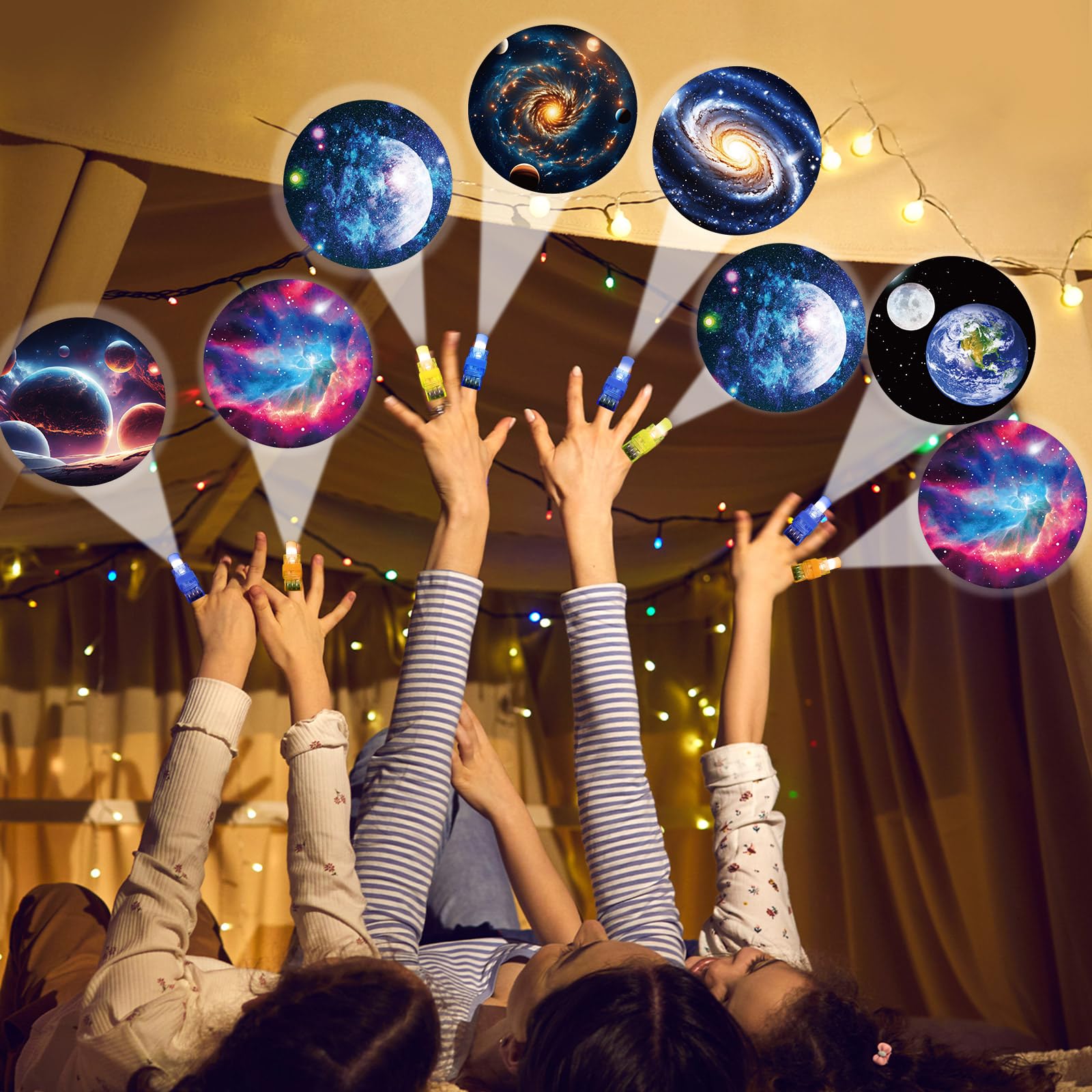 Oitnlaughter space finger lights glow in dark rooms, enabling easy party ambiance.