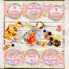 Oitnlaughter unicorn table setup shows coordinated rainbow decor for a bright celebration