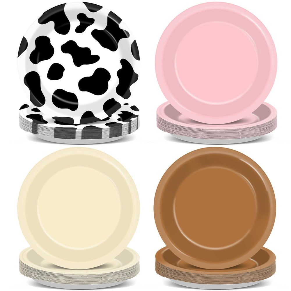 Oitnlaughter Western cowgirl plates brown pink white cow print, ideal for rustic party setup and quick cleanup