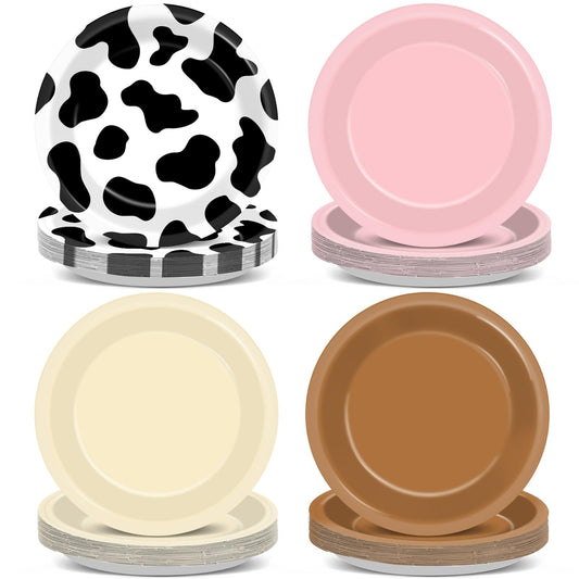 Oitnlaughter Western cowgirl plates brown pink white cow print, ideal for rustic party setup and quick cleanup