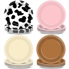 Oitnlaughter Western cowgirl plates brown pink white cow print, ideal for rustic party setup and quick cleanup