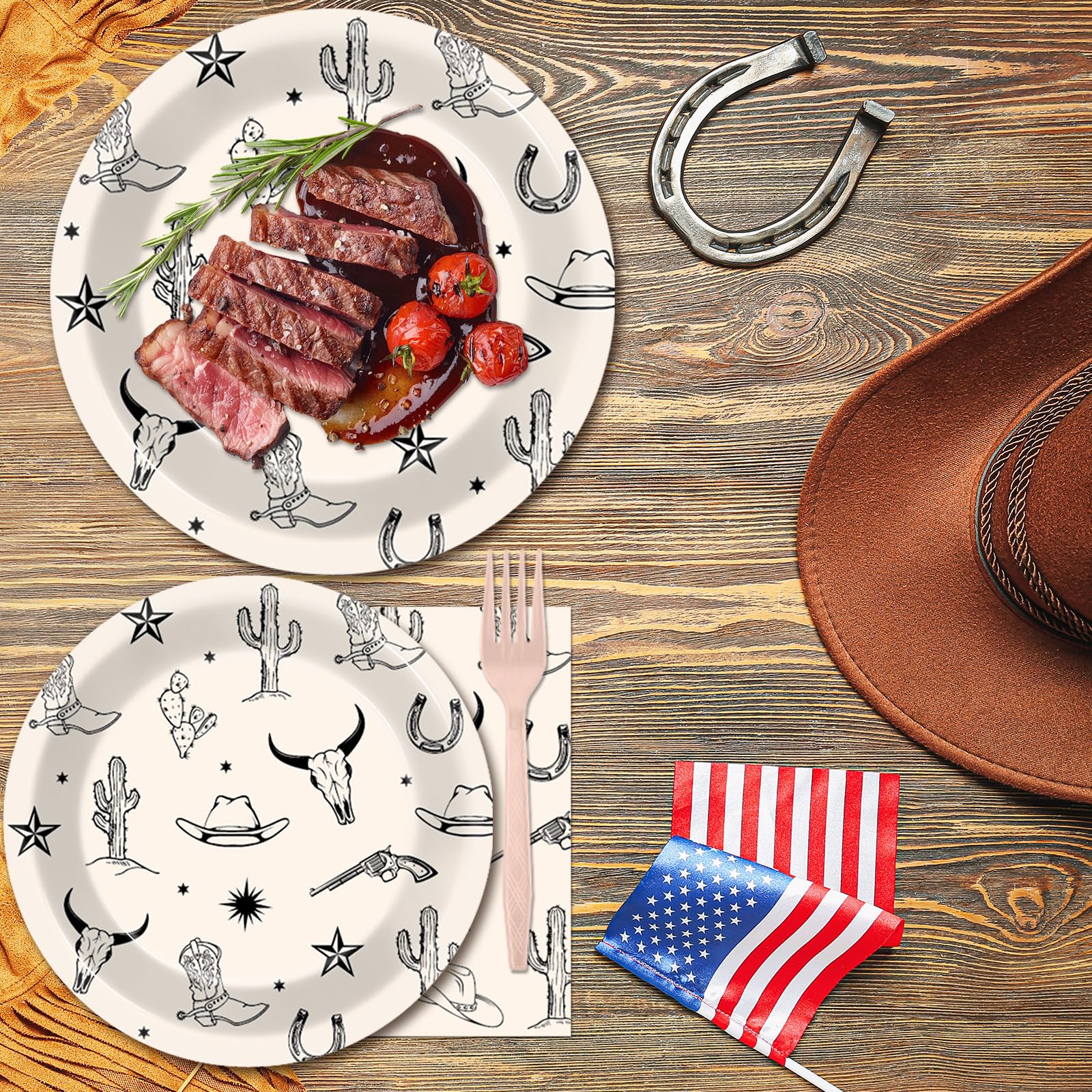 Oitnlaughter wild west patterns—cowboy hat and cactus motifs to elevate party decor.