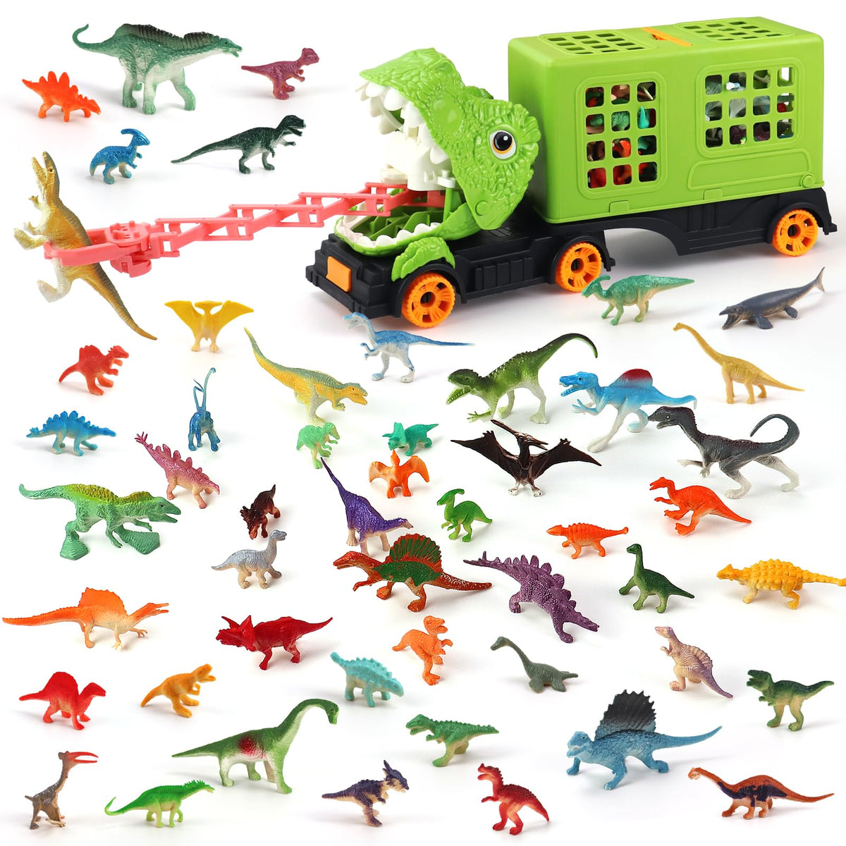 Oiuros dinosaur transport truck front view, durable plastic, realistic detailing.