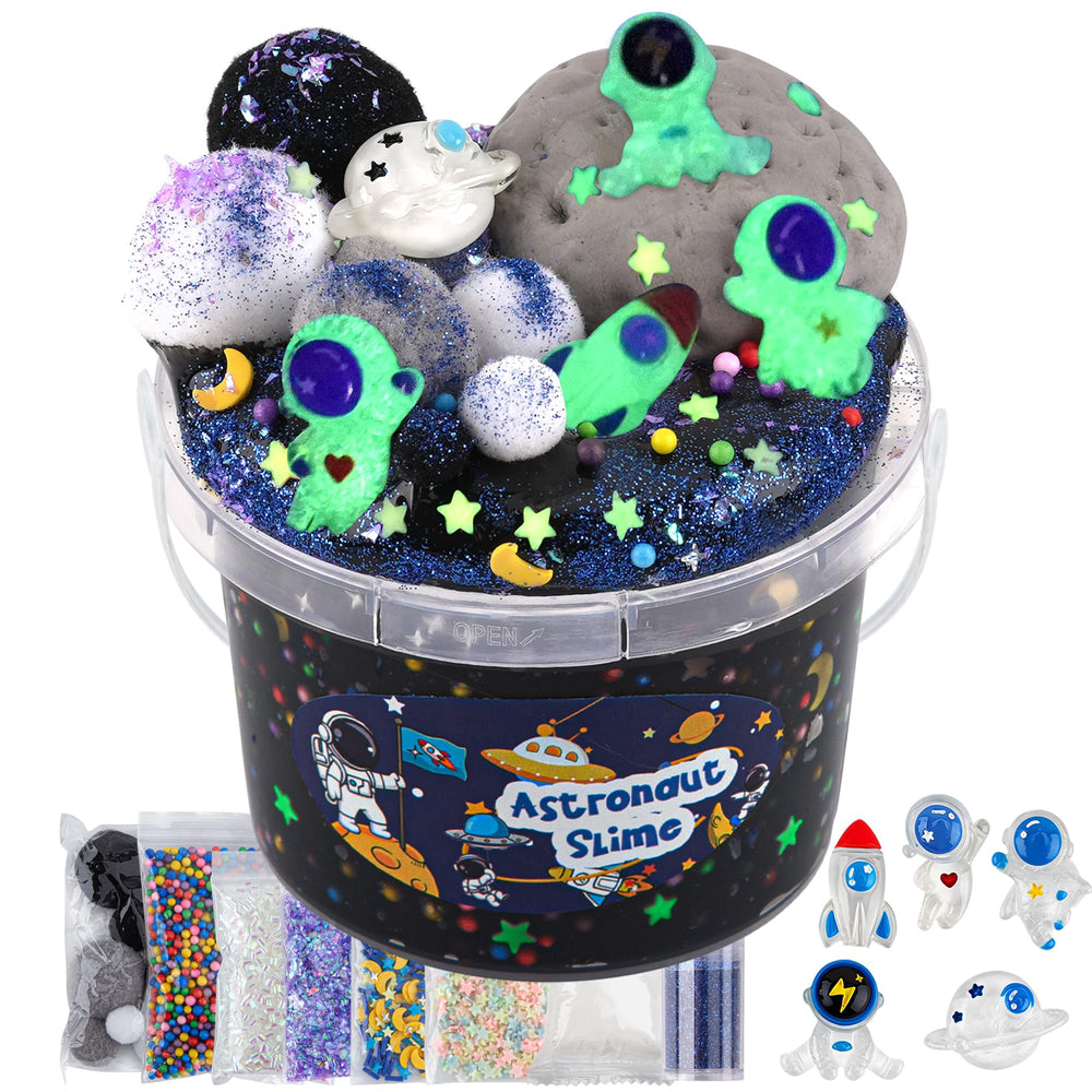 Okaybee Astronaut Galaxy Slime Bucket glows after light exposure for magical play