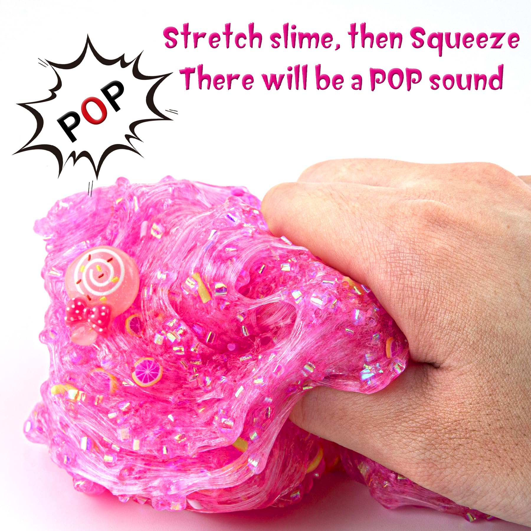 Okaybee Pink Bingsu Slime crunchy texture close-up highlights satisfying snap and ooze.
