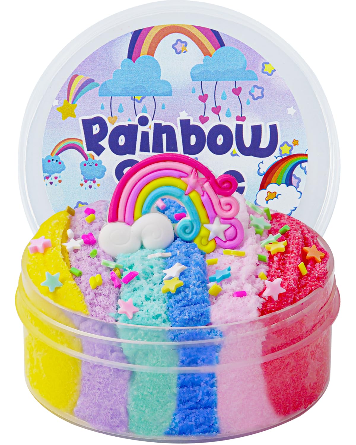 Okaybee Rainbow Cloud Slime jar shows soft, drizzle texture for calming sensory play.