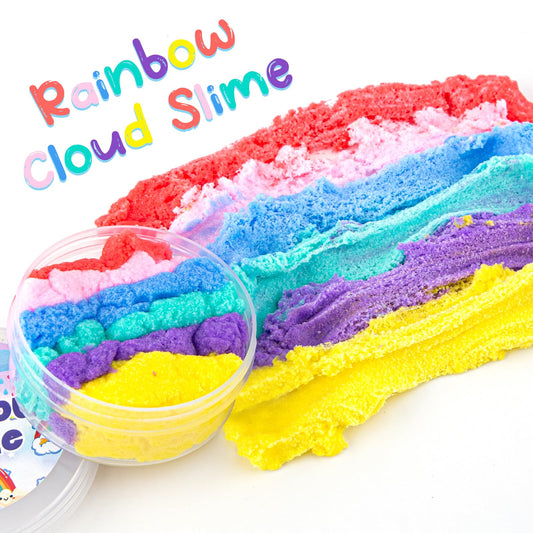 Okaybee Rainbow Cloud Slime texture closeup highlights feathery drizzle ideal for focus sessions.