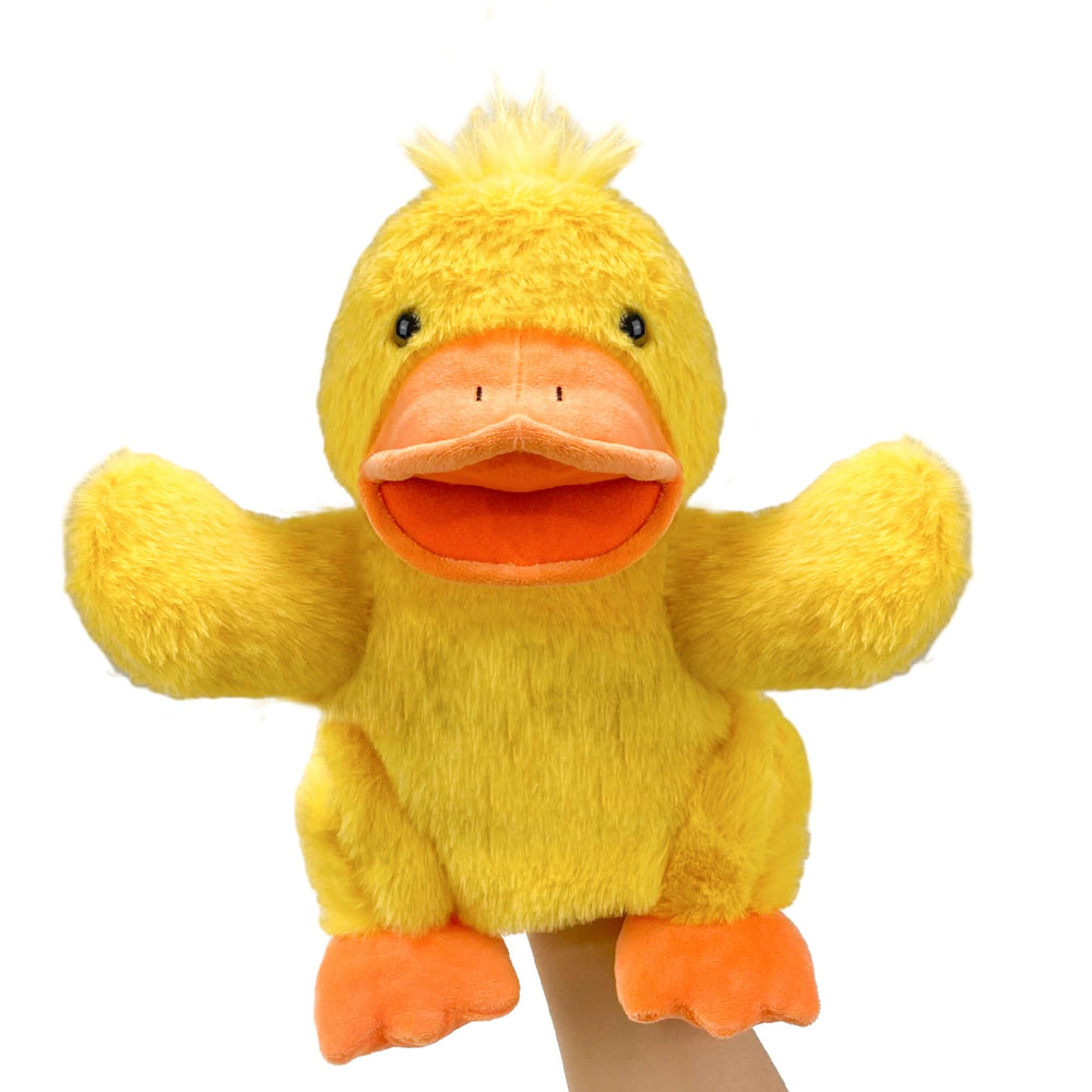 Okegztoa duck puppet with movable mouth for interactive storytelling.