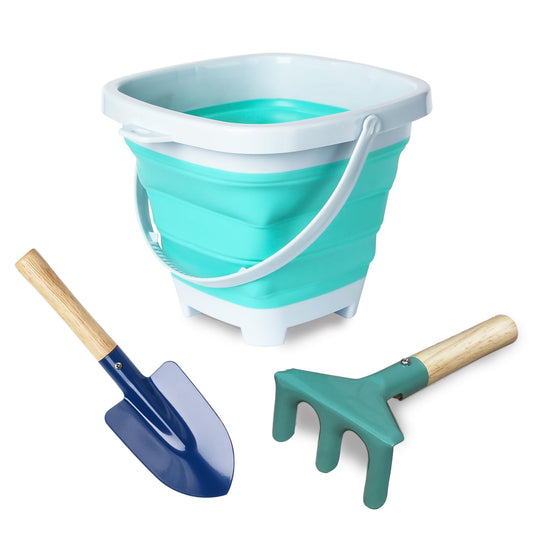 OKGD collapsible beach bucket on the shore enables easy storage and playful beach time