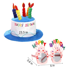 Okllen pink and blue sunglasses pair complements the cake hats for bright party photos
