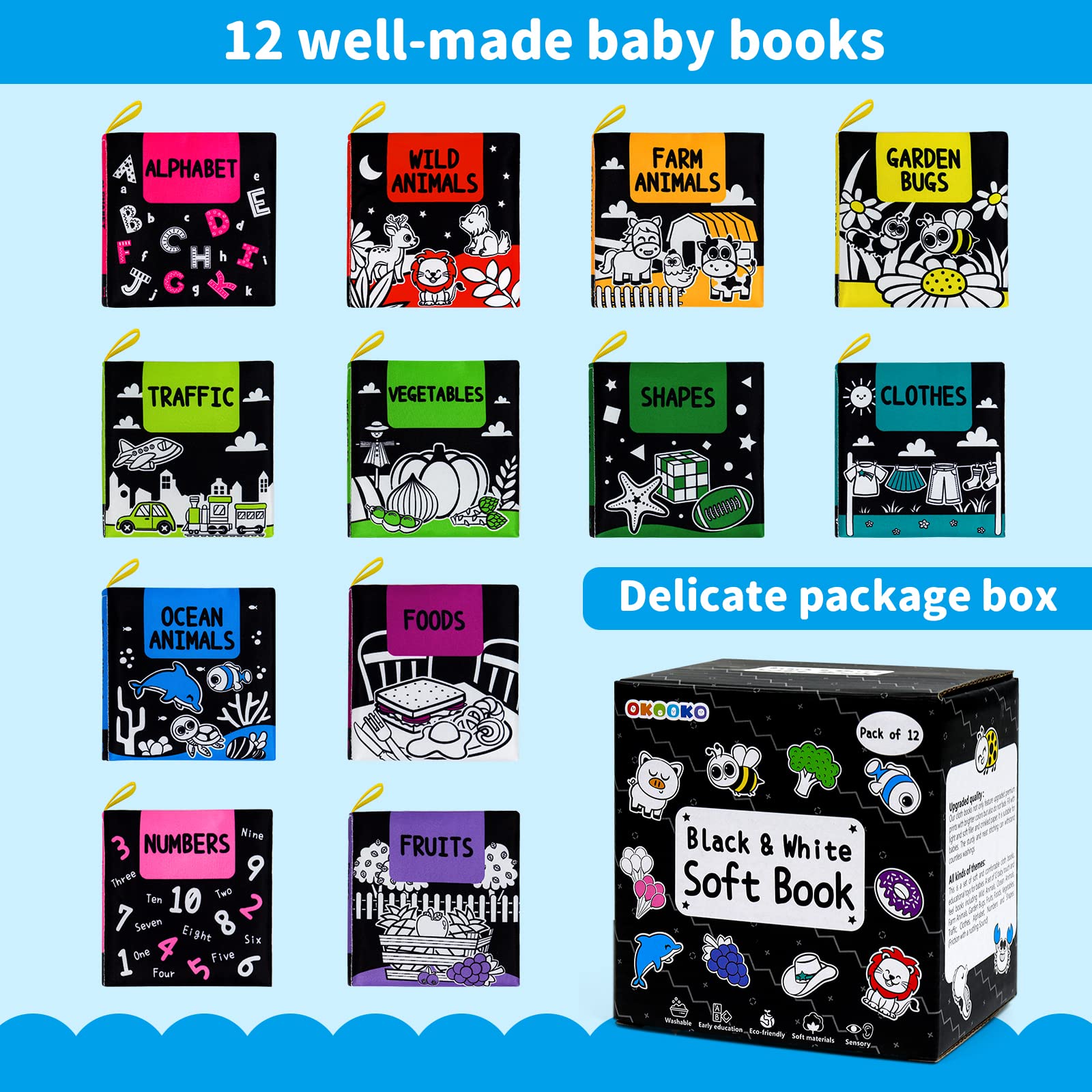 OKOOKO soft baby books: alphabet theme supports early language association.