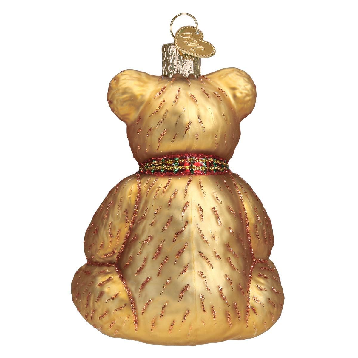 Old World Christmas Teddy Bear ornament glittered accents catch light for festive sparkle.