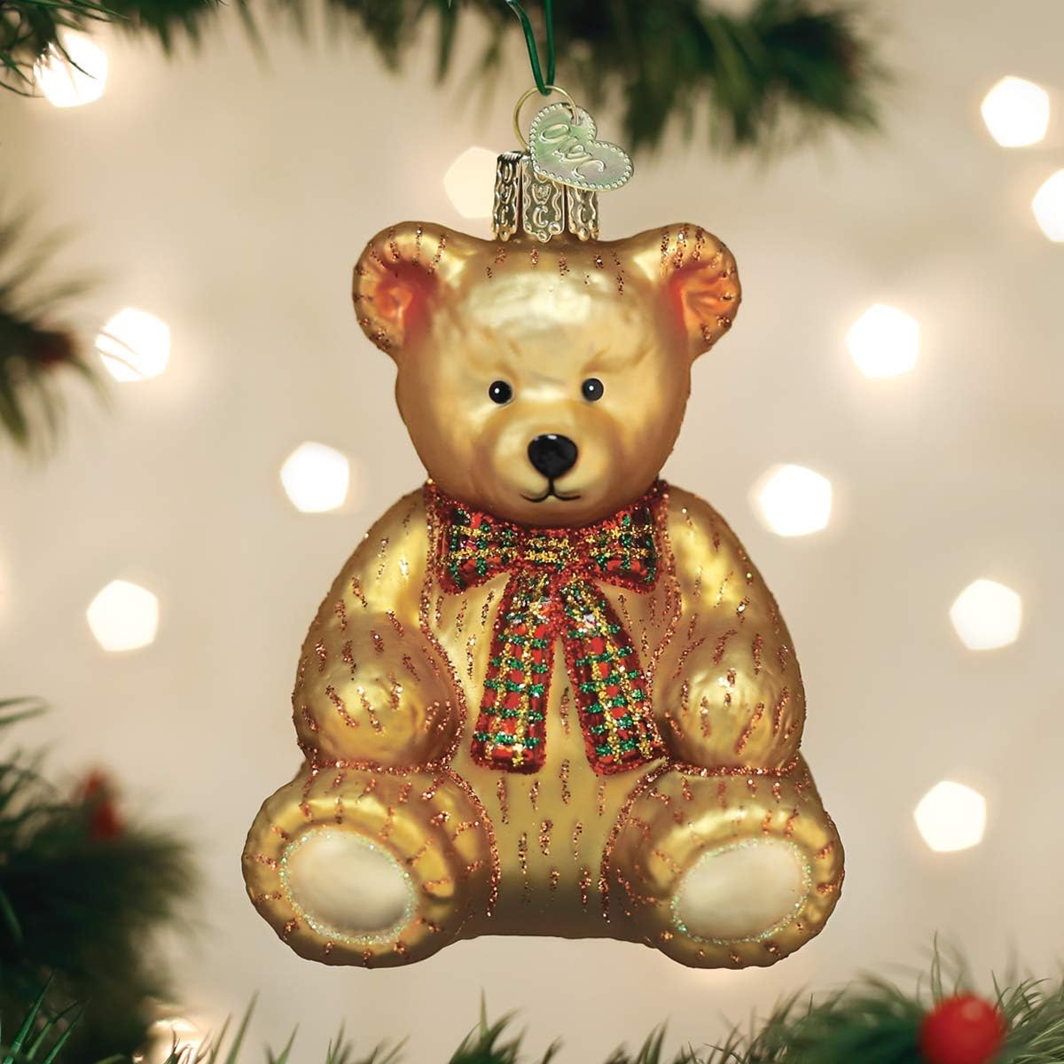 Old World Christmas Teddy Bear ornament hand-painted details enhance holiday decor.