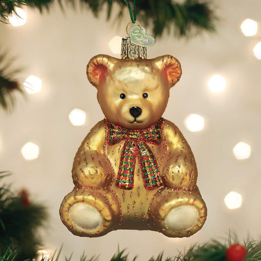 Old World Christmas Teddy Bear ornament hand-painted details enhance holiday decor.
