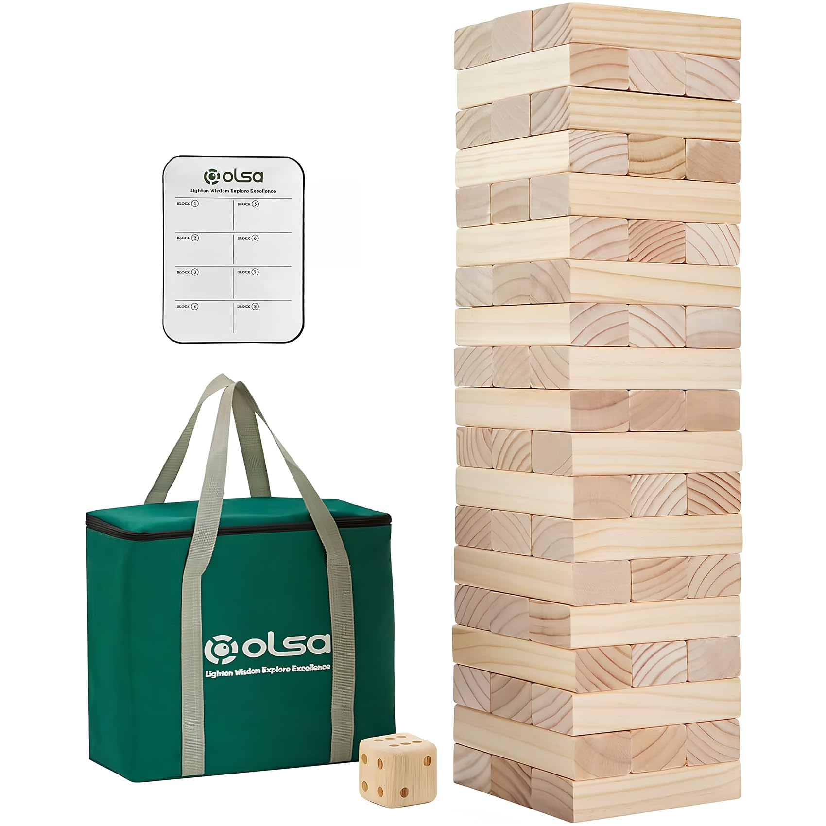 Olsa Giant Tumble Tower with 57 pine blocks for backyard fun.