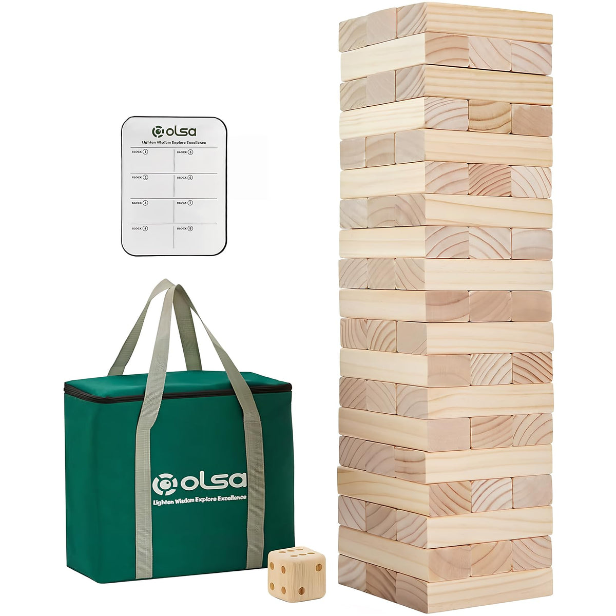 Olsa Giant Tumble Tower with 57 pine blocks for backyard fun.