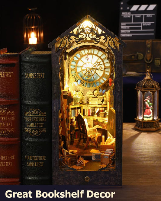 OMEPEA 3D wooden puzzle bookshelf shows detailed detective diorama.