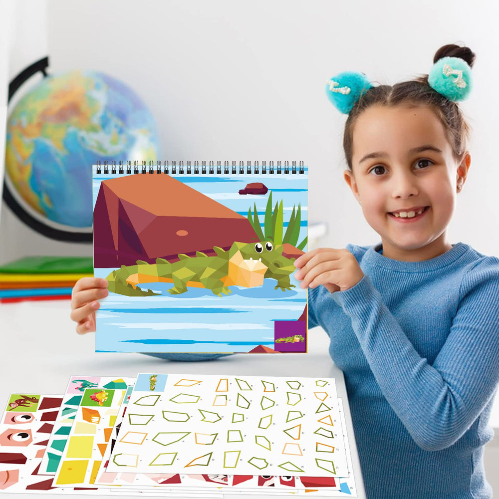 Omgouue dinosaur sticker pages spread—easy, mess-free quiet-time craft.