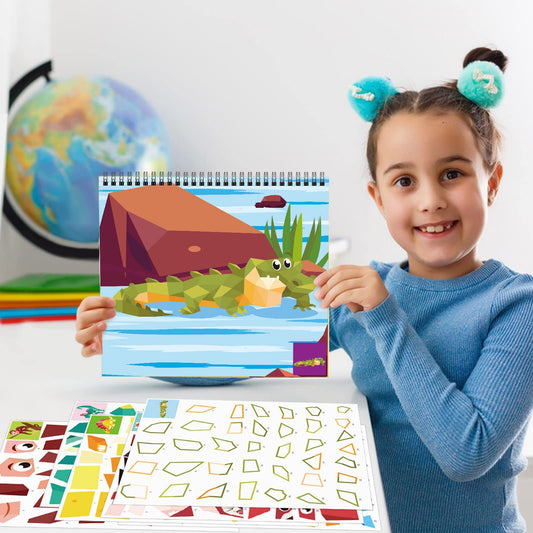 Omgouue dinosaur sticker pages spread—easy, mess-free quiet-time craft.