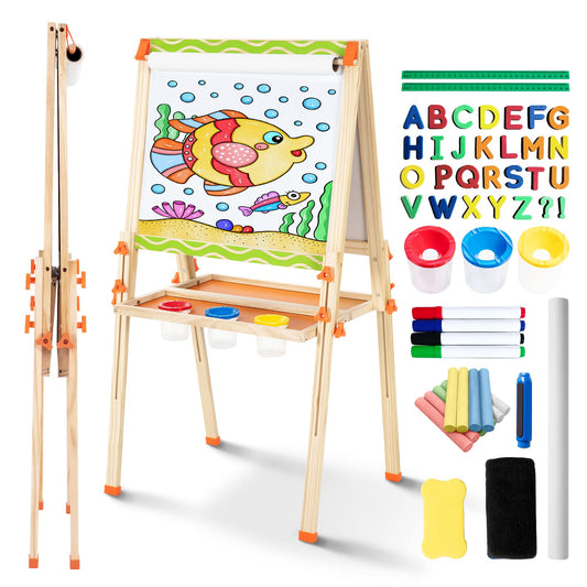OMOTIYA Kids Easel double-sided whiteboard and chalkboard supports creative learning at home.