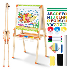 OMOTIYA Kids Easel double-sided whiteboard and chalkboard supports creative learning at home.