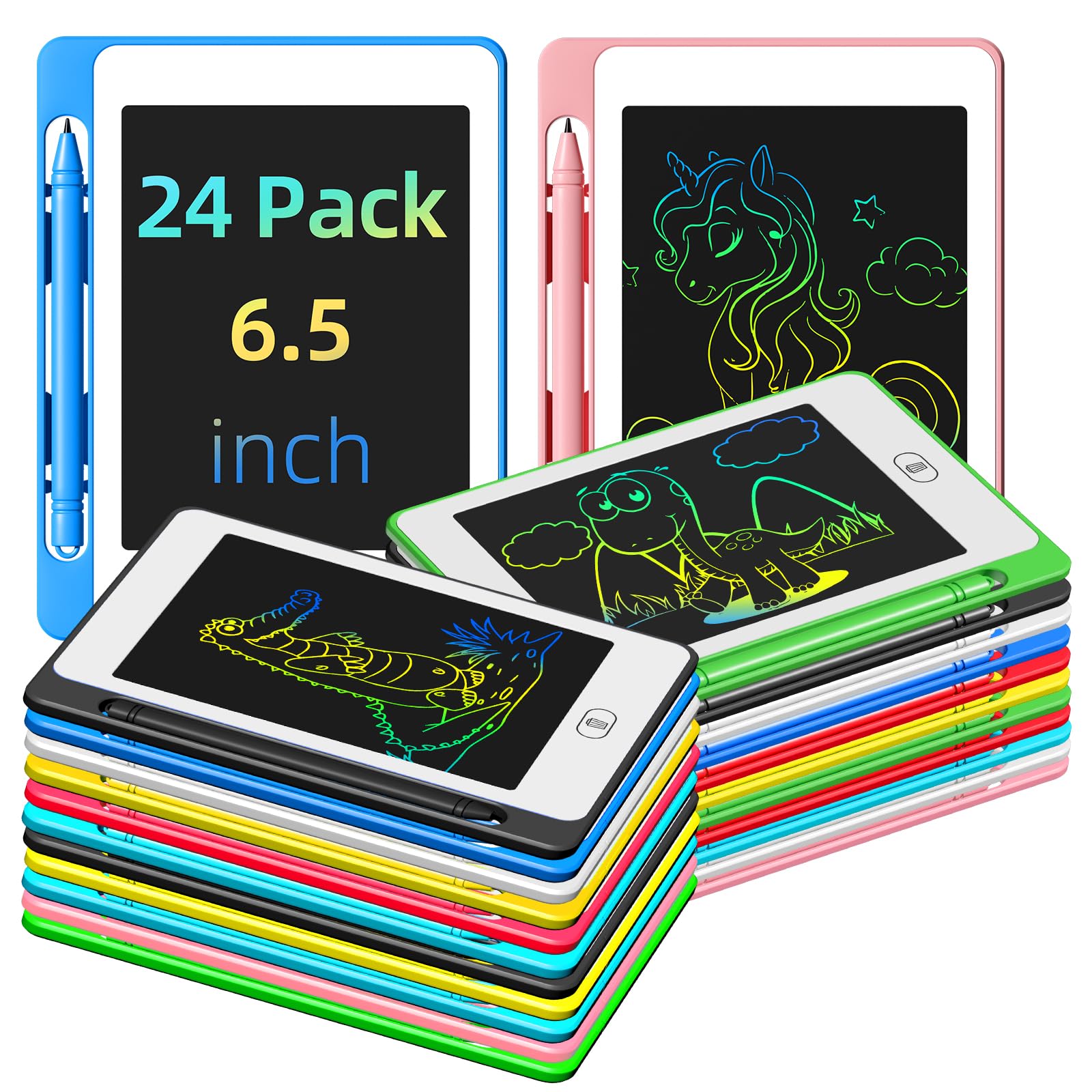 OMXDG 24-pack LCD writing tablet, front view, bright colors for learning and play.