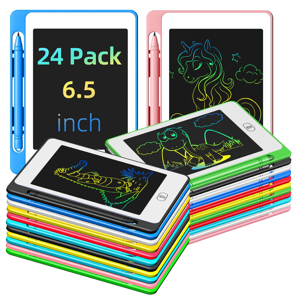 OMXDG 24-pack LCD writing tablet, front view, bright colors for learning and play.