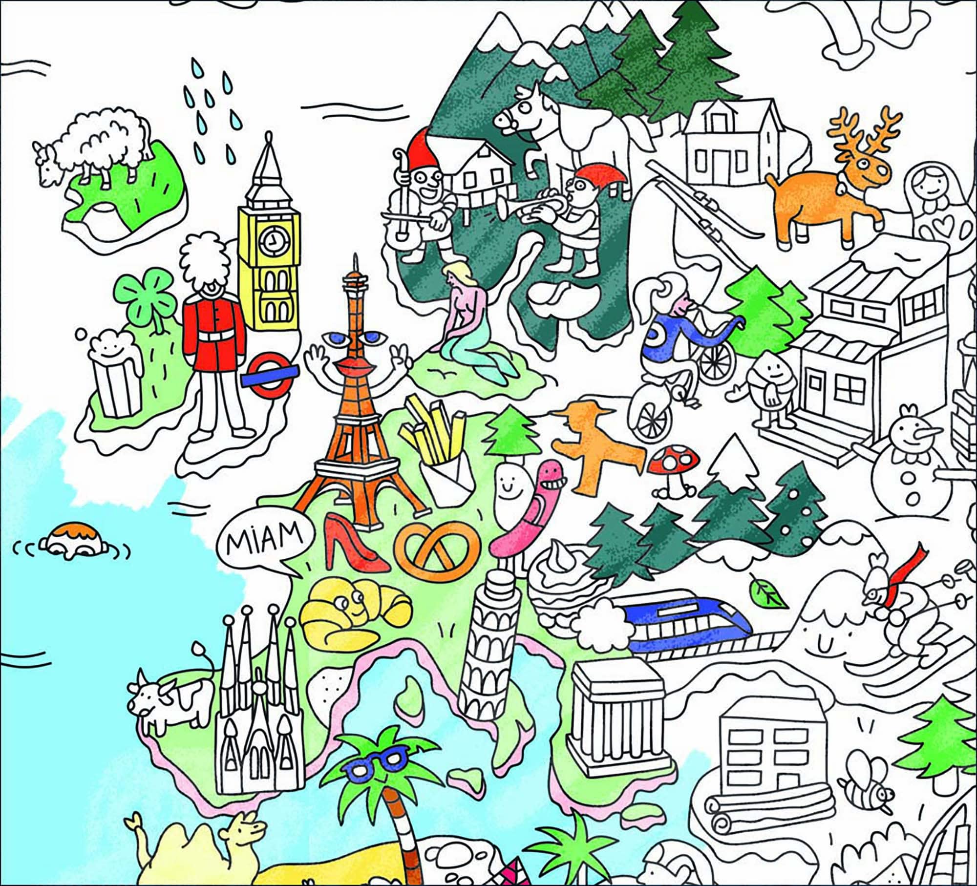Omy Atlas floor-display poster supports collaborative coloring on any surface