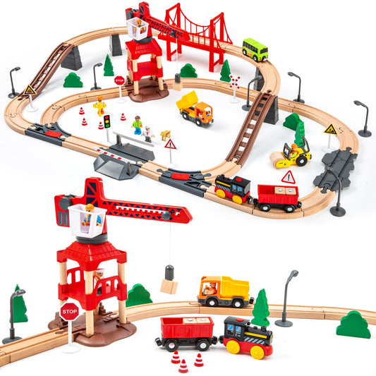 OMYbaby 86pcs wooden train set with crane offers interactive crane play and precision movement.