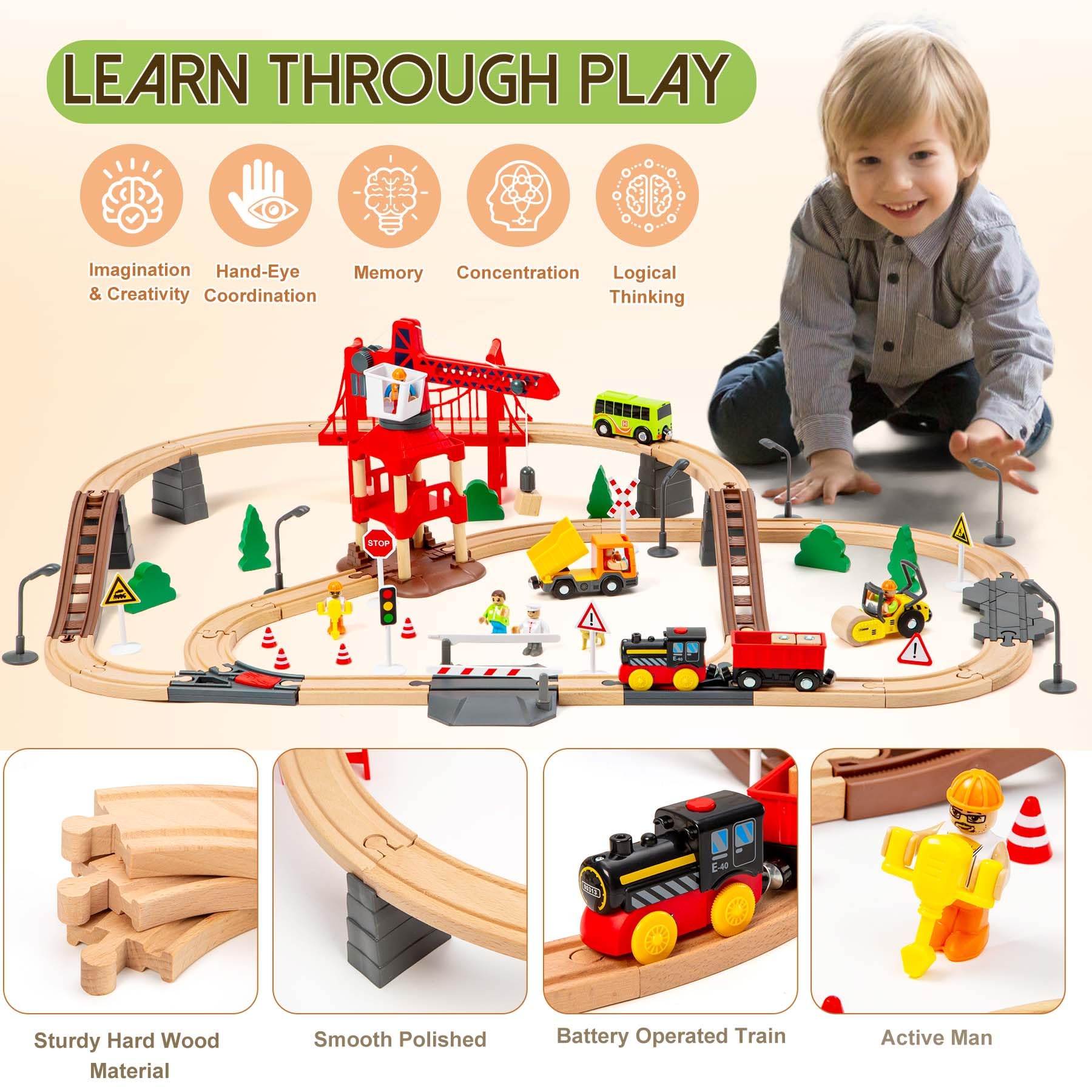 OMYbaby wooden train track bridge provides versatile layouts for creative exploration.