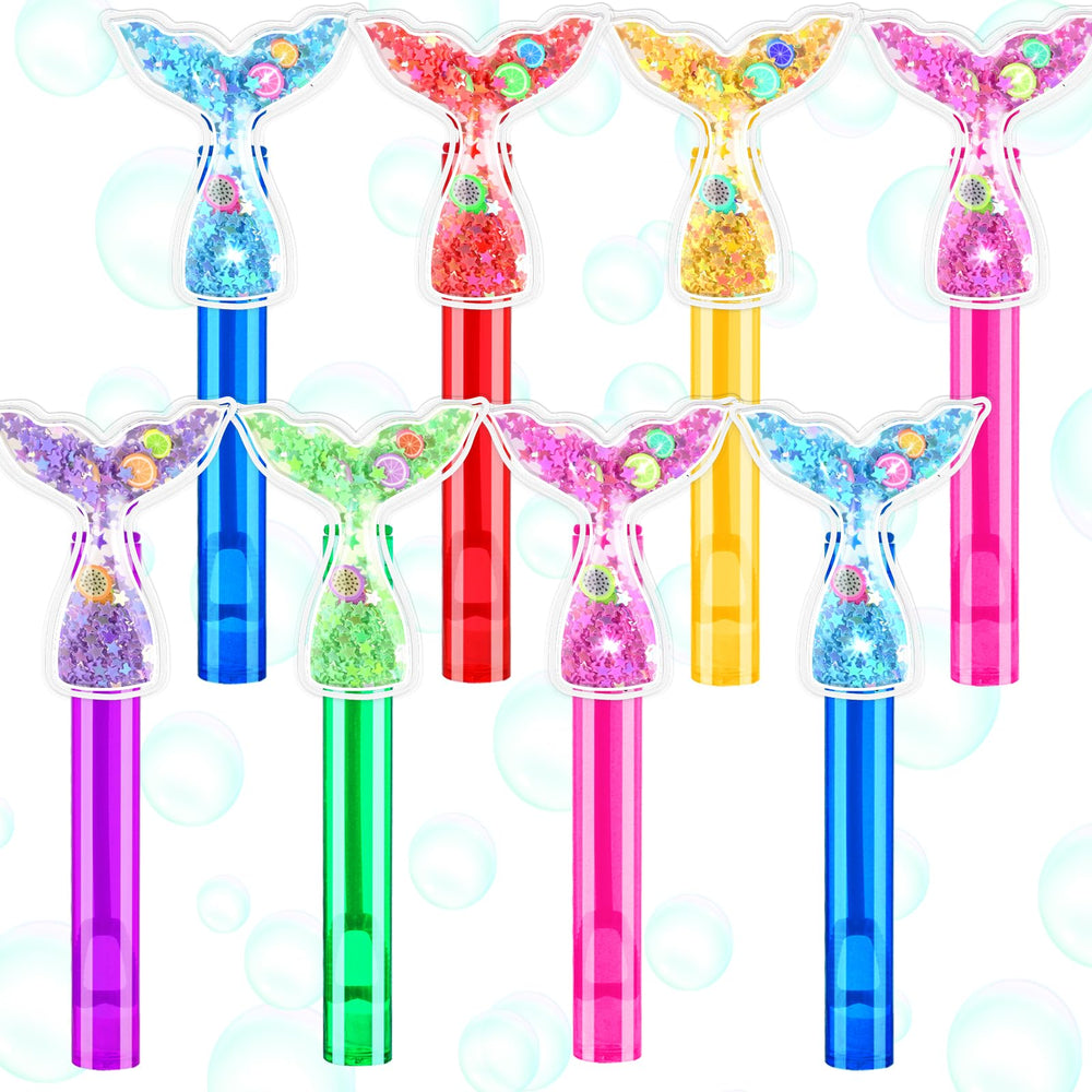 ONBKYGF Mermaid Tail Bubble Wands with glitter burst for party favors.
