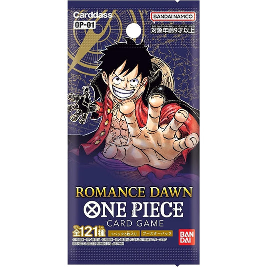 ONE PIECE Romance Dawn booster pack front with trading cards for collection and gameplay