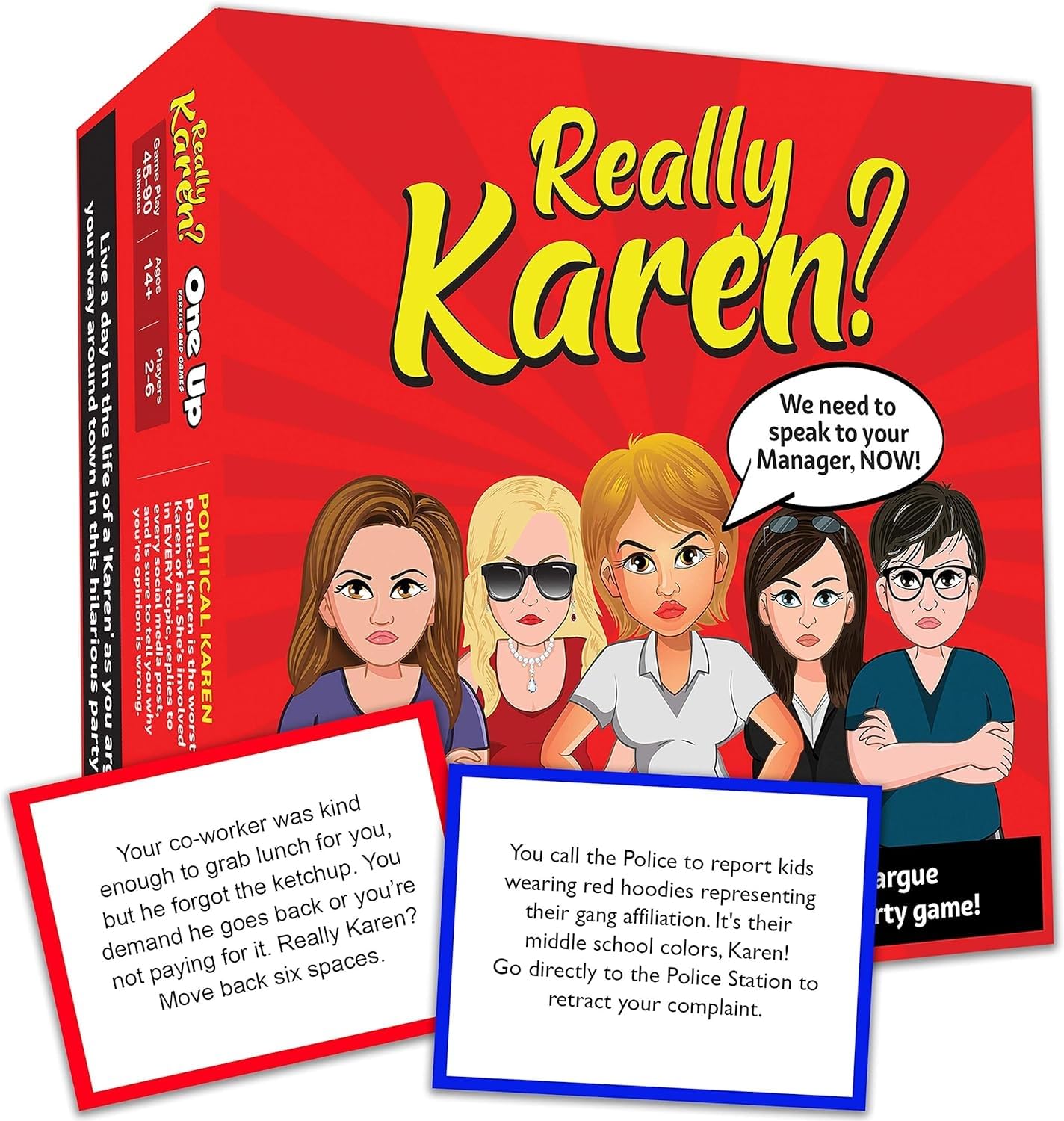 One Up Parties Really Karen board game box front, vibrant and inviting for a fun night
