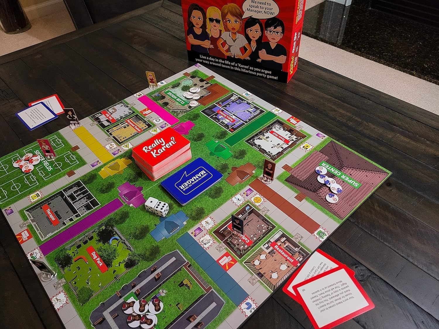 Colorful card deck and tokens powering Really Karen gameplay